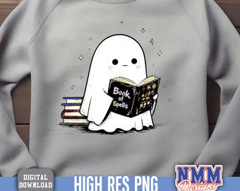 Kawaii Halloween Ghost PNG, grimoire de lecture (téléchargement numérique)