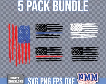 May include: A 5-pack bundle of distressed American flag designs in red, white, and blue. Includes variations with a blue line, a red line, and a white flag design. Digital download available.