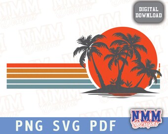May include: A digital download of a retro sunset design with palm trees and a red sun. The design features five horizontal stripes in orange, brown, blue, and grey.