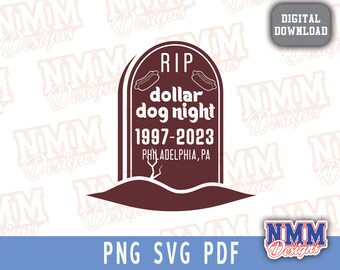 May include: A white tombstone with a RIP sign, the words "dollar dog night", the years "1997-2023", and "PHILADELPHIA, PA". The tombstone is on a brown hill with a small tree.