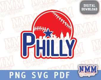 Puede incluir: Un gráfico de béisbol rojo, blanco y azul con la palabra "PHILLY" en letras azules. El gráfico incluye una pelota de béisbol, una estrella y un horizonte.