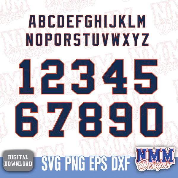 May include: A digital design featuring the alphabet and numbers 0-9 in a navy blue color with an orange outline. The design includes the text "SVG PNG EPS DXF" and "DIGITAL DOWNLOAD". The logo "NMM Designs" is also present.