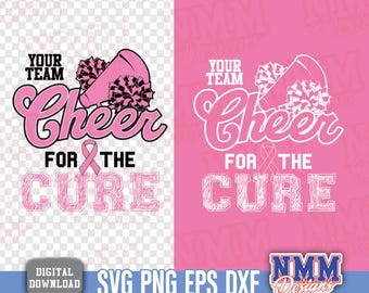 Op de afbeelding: Roze en zwarte grafische vormgeving met de woorden "Your Team Cheer For The Cure", een megafoon en pompons. Bevat een roze lint en de tekst "SVG PNG EPS DXF".