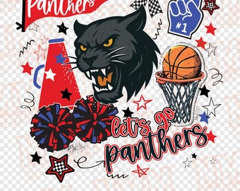 Cheer Lets Go Panthers, mascotte de basket-ball preppy doodle png | téléchargement numérique | Rouge Bleu