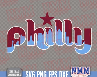 May include: A digital design featuring the word "Philly" in a stylized font with a maroon and blue color scheme. The word is filled with a cityscape silhouette and a maroon star. The design includes the text "SVG PNG EPS DXF".