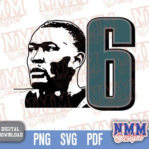 May include: Black and white silhouette of a person's head with the number 6 in teal blue behind them.