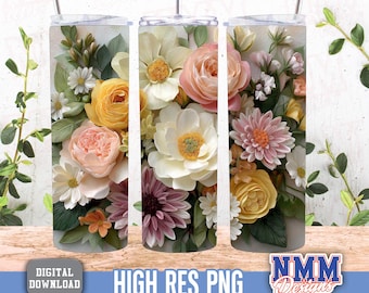 Floral 3D Tumbler Sublimation Design, White Pink Flowers (Digital Download)