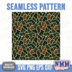 May include: A digital download graphic featuring a seamless camouflage pattern. The design incorporates organic shapes in shades of brown, green, and tan, creating a textured appearance. The text "SEAMLESS PATTERN" is displayed at the top, with "SVG PNG EPS DXF" at the bottom.