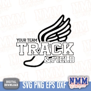 Könnte beinhalten: Schwarzweißes Grafikdesign eines Laufschuhs mit Flügel, der Text "YOUR TEAM TRACK & FIELD" befindet sich über dem Schuh.