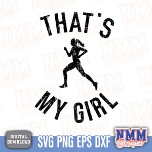 以下が含まれることがあります： 「That's My Girl」というテキストと、走っている女性のシルエットが描かれた白黒のグラフィックデザイン。