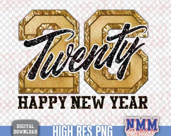 Happy New Year 2026 PNG, Gold Glitter Party Clipart, Fireworks Design, Holiday T-Shirt Sublimation