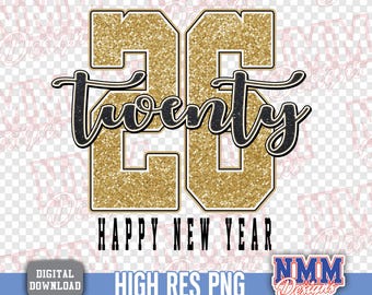 Happy New Year 2026 PNG, Gold Glitter Party Clipart, Fireworks Design, Holiday T-Shirt Sublimation