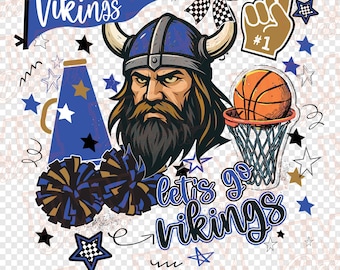 Cheer Lets Go Vikings, maskotka koszykówki w stylu preppy doodle png | do pobrania | Blue Gold