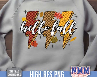 Hello Fall PNG: Retro Pumpkin Patchwork Design (Digital Download