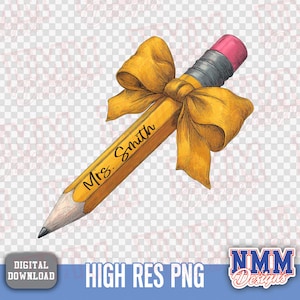 Teacher Pencil Coquette Bow PNG: Personalized Back-to-School Gift (Digital Download)