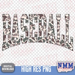 May include: The word "BASEBALL" in a bold, block letter font, filled with a camouflage pattern of brown, gray, and green. The text is slightly arched. Below the text is a blue banner with the words "HIGH RES PNG".