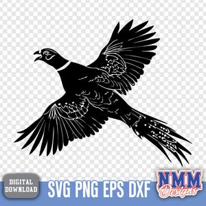 May include: A black and white graphic of a pheasant in flight, wings spread wide. The bird is depicted in a silhouette style, with detailed feather patterns. The image includes the text "SVG PNG EPS DXF" and "DIGITAL DOWNLOAD".