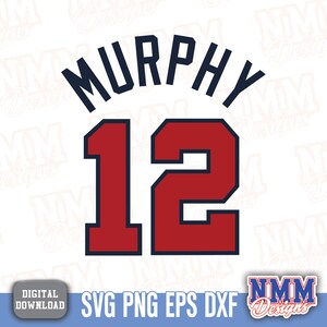 May include: A digital download of a red and navy blue sports jersey design with the name "Murphy" and the number "12" in a bold font.