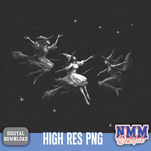 May include: A black and white illustration of three witches flying on broomsticks against a starry night sky. The image has a vintage, hand-drawn style. Text at the bottom reads "HIGH RES PNG".