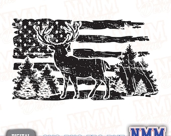 Hirschszene SVG: Beunruhigte amerikanische Flagge, Waldsilhouette (Digitaler Download)
