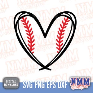 Corazón de béisbol SVG, Punto de béisbol, Camiseta de béisbol, Mamá animadora de béisbol, Corazón garabato. Archivo de corte Cricut, Silueta, PNG, PDF, EPS, Vector.