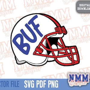 May include: A white football helmet with a red face mask and blue lettering that says "BUF".
