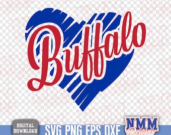 Puede incluir: Un corazón azul con líneas blancas y la palabra roja "Buffalo" en escritura cursiva. Debajo, las palabras "SVG PNG EPS DXF" y una etiqueta "Descarga digital".