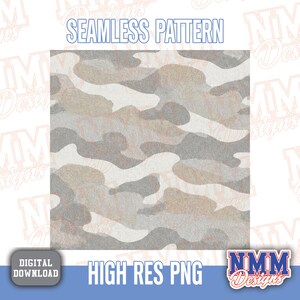 Op de afbeelding: Naadloos camouflagepatroon in grijstinten, beige en wit. Het ontwerp toont onregelmatige, organische vormen die doen denken aan militaire camouflage. De tekst "SEAMLESS PATTERN" en "HIGH RES PNG" worden weergegeven.