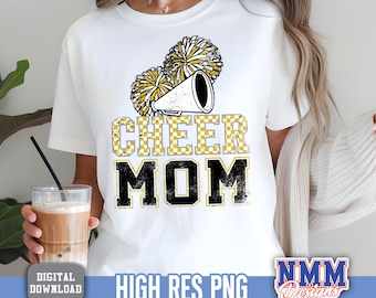 Cheer Mom PNG: Black & Gold Poms, Megaphone Design (Digital Download)