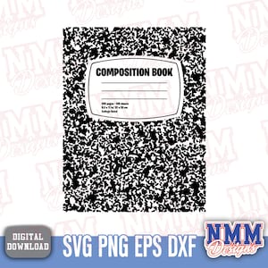 May include: A black and white composition book with a speckled pattern. The cover features a white label with the words "COMPOSITION BOOK" and lines for writing. The book contains 200 pages, measuring 8.5 x 11 inches.