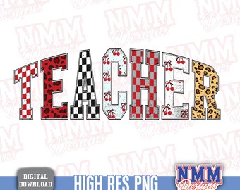 Retro Teacher Shirt Design: Leopard Cherry Letters PNG (Digital Download)
