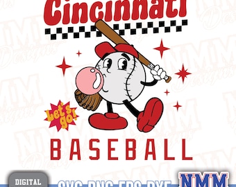 Diseño SVG/Cricut retro de béisbol de Cincinnati, archivos de vinilo y formatos PDF/PNG termoadhesivos incluidos.