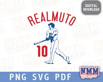 May include: A blue and white baseball player silhouette with the name "REALMUTO" and the number "10" in red. The player is in a batting stance with a bat in their hand.
