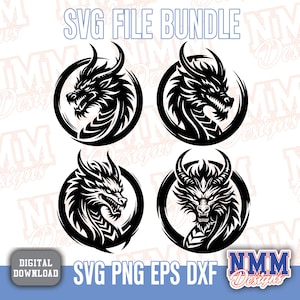 Puede incluir: Un paquete de archivos digitales con cuatro ilustraciones distintas de cabezas de dragón en blanco y negro dentro de marcos circulares. El texto SVG FILE BUNDLE está arriba y SVG PNG EPS DXF abajo. Un logo de NMM Designs está en la esquina.