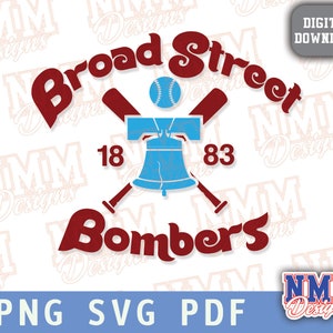 Broad Street Bombers Philly Baseball Sports svg png, pdf, file svg per cricut, file di taglio in vinile, stirare su Baseball Allenamento primaverile