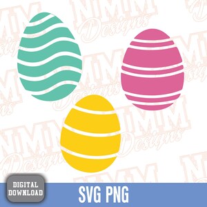 May include: Three Easter egg designs in a digital download. The eggs are outlined in white and filled with solid colors: teal, pink, and yellow. Each egg has a different pattern of white stripes.