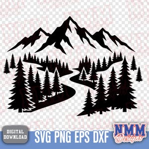Puede incluir: Silueta negra de una cordillera con un río serpenteante y árboles de hoja perenne. Incluye el texto "SVG PNG EPS DXF" y "DESCARGA DIGITAL". Es una descarga digital.
