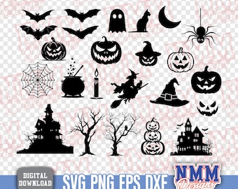 May include: A collection of black Halloween-themed silhouettes, including bats, jack-o'-lanterns, a ghost, a cat, a spider, a witch on a broom, a haunted house, and a witch's hat. The words "DIGITAL DOWNLOAD" and "SVG PNG EPS DXF" are also present.