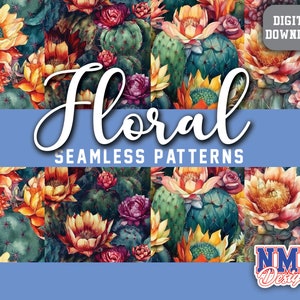Floral Digital Paper Packs - 4 nahtlose Aquarell Blumenmuster für Scrapbooking & Handwerk, Kaktus Digital Download