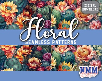 Seamless Floral Watercolor Digital Paper, 4 Cactus Patterns for Scrapbooking & DIY Craft Projects