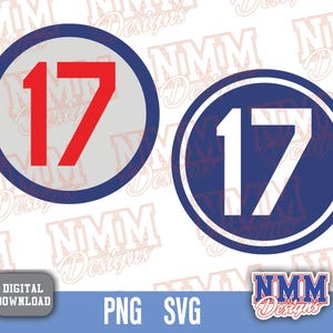 May include: Two circular designs featuring the number 17. One has a red number on a gray background with a blue border. The other has a white number on a blue background with a white border. The image includes the text "DIGITAL DOWNLOAD", "PNG SVG", and the "NMM Designs" logo.