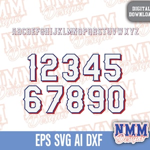 Puede incluir: Un fondo blanco con un conjunto de fuentes rojo, blanco y azul. La fuente incluye el alfabeto, los números del 1 al 9 y el 0, y las palabras "EPS SVG AI DXF". La fuente es de estilo negrita, en bloque, con un contorno blanco y una sombra roja y azul.
