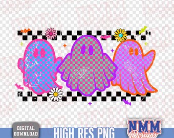 Checkered Neon Halloween Ghost PNG: Spooky Season Sublimation Design