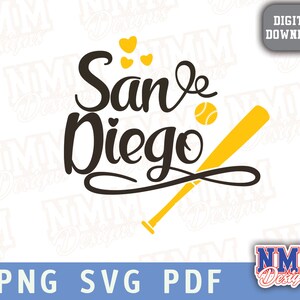 Pode incluir: Um taco de beisebol preto e amarelo com uma bola de beisebol e o texto "San Diego" em fonte cursiva preta. Há quatro corações amarelos acima do texto.