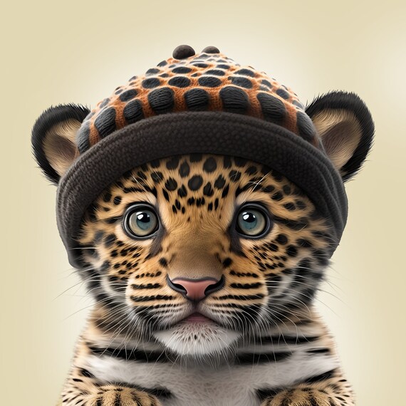 Baby Jaguar Wall Art Poster With Beanie Hat Perfect Children s