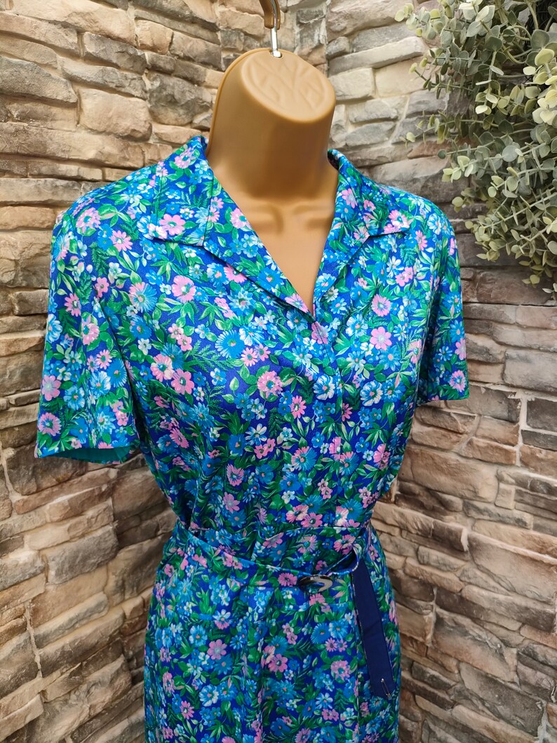 Vintage Blue Floral Shirt Dress 50s70s Etsy