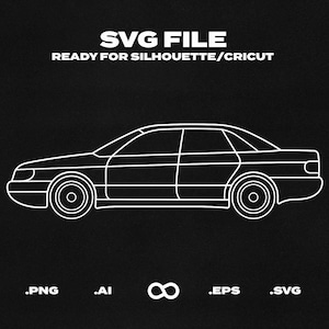 May include: A white outline of a car on a black background. The image is labeled "SVG FILE READY FOR SILHOUETTE/CRICUT".