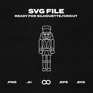 May include: A line drawing of a nutcracker in black and white. The nutcracker is wearing a hat with a crown on top. The nutcracker is holding a stick in its right hand. The image is on a black background. SVG FILE READY FOR SILHOUETTE/CRICUT