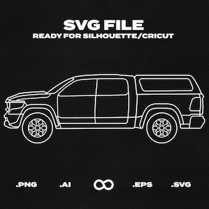 May include: Line art illustration of a white pickup truck with a black canopy. The truck is facing forward and has a black background.