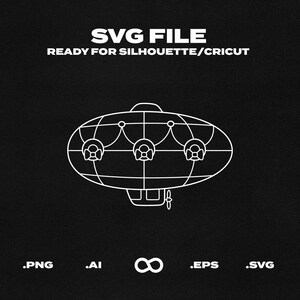 May include: A line drawing of a white airship with three windows and a propeller. The airship is on a black background with the text "SVG FILE READY FOR SILHOUETTE/CRICUT" above it and the file extensions ".PNG .AI ∞ .EPS .SVG" below it.